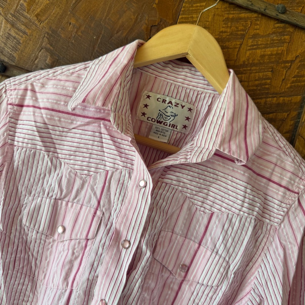 Crazy Cowgirl Western Pearl Snap Shirt Womens L Pink Stripe Metallic Long Sleeve